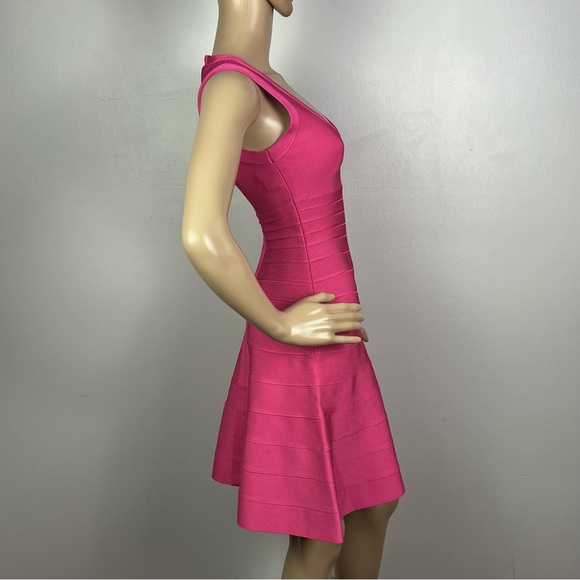 NEW HERVE LEGER PINK BANDAGE FIT AND FLARE MINI DRESS - Picture 5 of 10